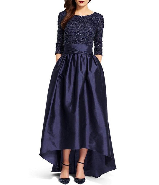 Adrianna Papell 91919630 Sequined High Low Bow Gown - 1 pc Navy in Size 8 Available