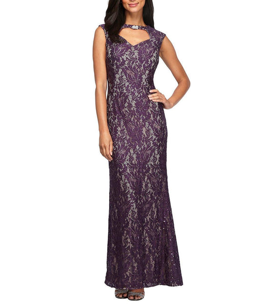 Alex Evenings - 1121596 Embroidered Lace Front Cut Out Dress in Purple
