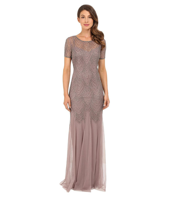 Adrianna Papell - 91922940 Embellished Scoop Short Sleeves Long Gown in Gray