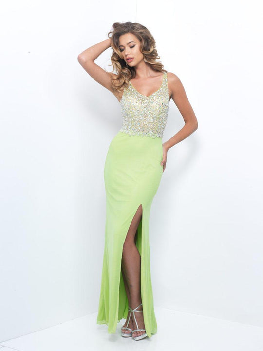 Blush - X401 Crystal Embellished Evening Gown with Slit In Green