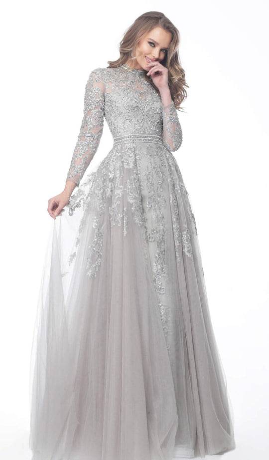 Jovani - 62777 Embroidered Long Sleeve High Neck A-line Dress In Silver