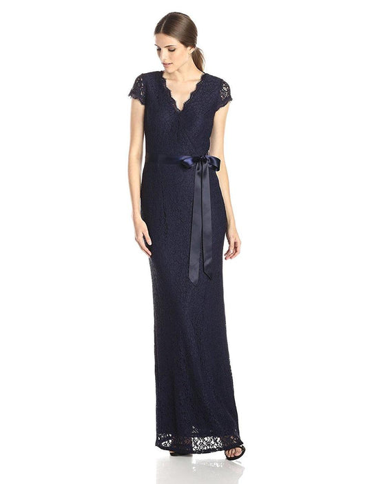Adrianna Papell - 91910380 V-Neck Lace Cap Sleeves Long Gown in Blue