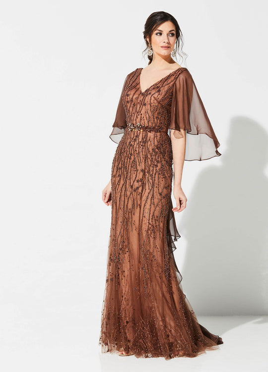 Ivonne D for Mon Cheri - 219D82 Embroidered Lace V-neck Chiffon Dress In Brown