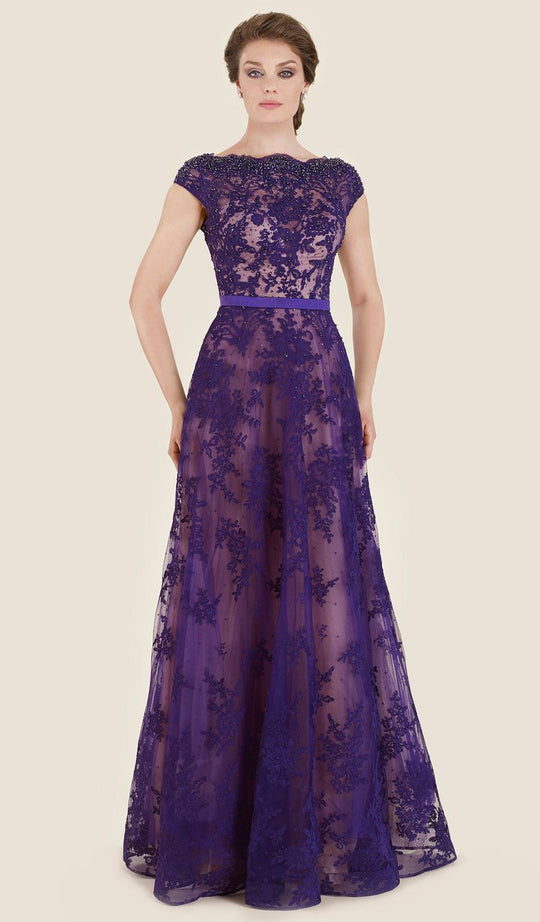 Rina Di Montella - RD2603 Beaded Lace Cap Sleeve A-line Gown in Purple and Neutral
