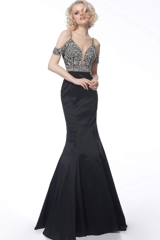 Jovani - JVN68141 Plunging Neck Beaded Bodice Mermaid Evening Dress  In Black