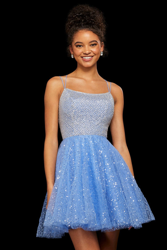 Sherri Hill - 53146 Lattice Textured Bodice Short Dress In Blue