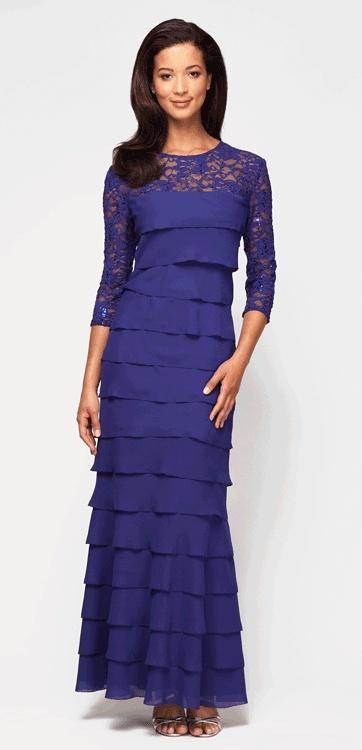 Alex Evenings - 178106 Floral Lace Jewel Neck Shutter Pleat Long Dress in Blue