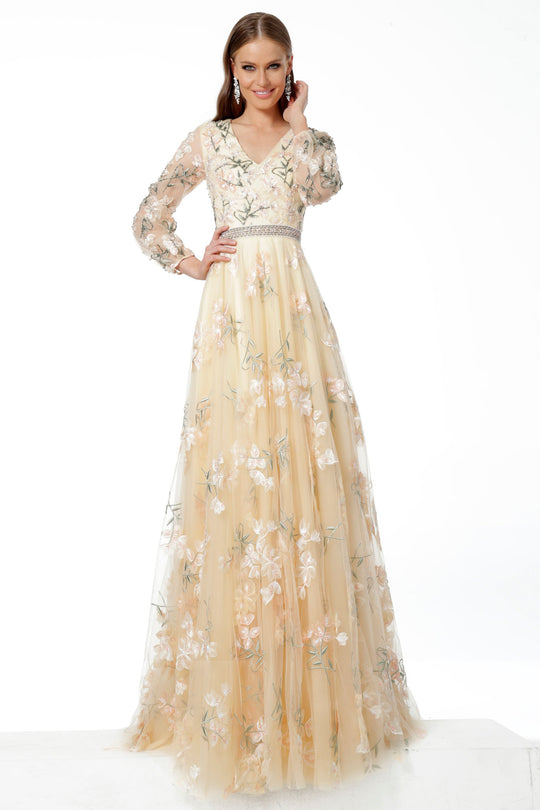 Jovani - 65637 V-Neck A-line Long Dress In Neutral and Multi