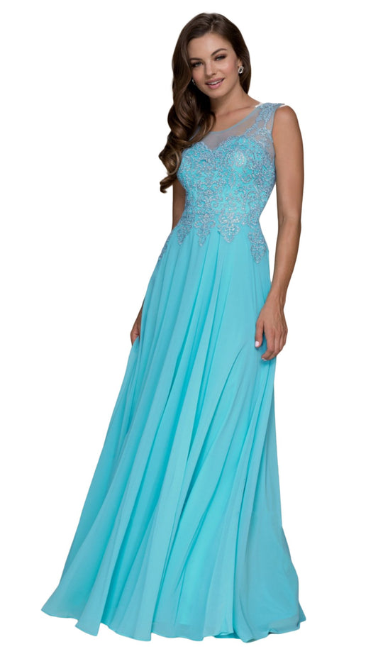 Nox Anabel - Y100P Gilded Scoop Chiffon A-line Dress In Blue and Green