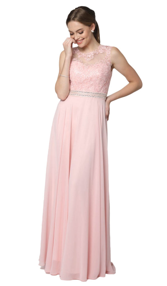 Nox Anabel - Y101P Embroidered Jewel Neck Chiffon A-line Dress In Pink