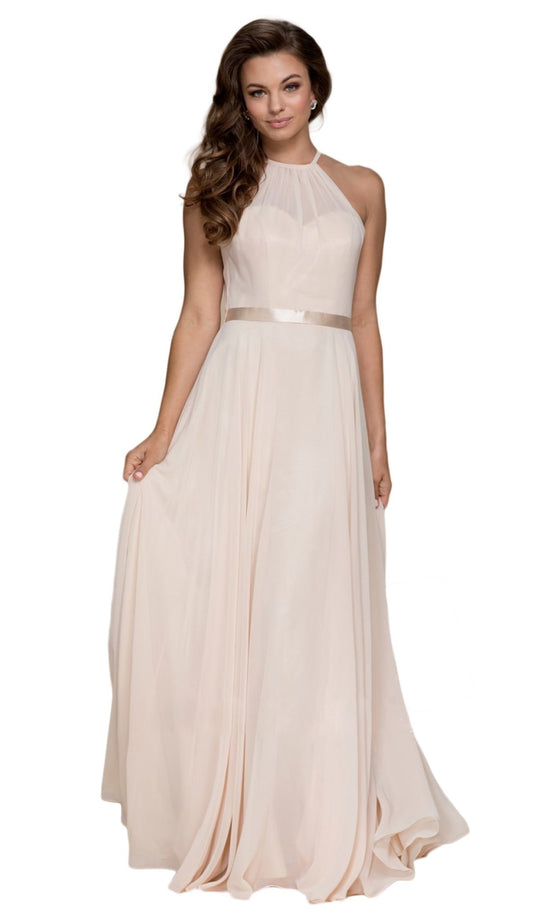 Nox Anabel - Y102P Sleeveless Halter Neck A-line Dress In Neutral