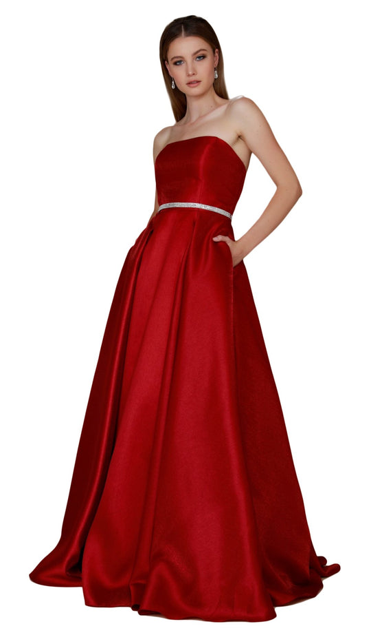 Nox Anabel - Y154P Strapless Embellished Straight Neck Ballgown In Red