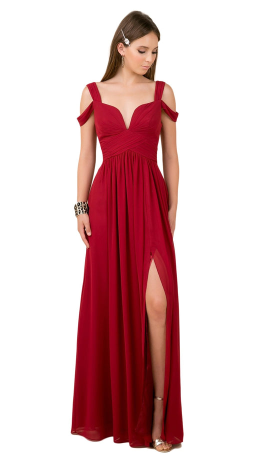 Nox Anabel - Y277 Cold Shoulder V Neckline A-Line High Slit Gown In Red