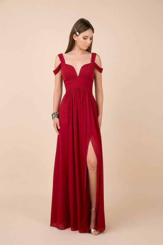 Nox Anabel - Y277P Cold Shoulder V Neckline A-Line High Slit Gown In Red