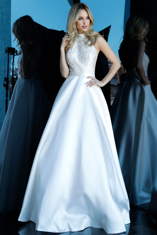 Jovani - 61166 Fully Beaded Halter Bodice A-Line Mikado Gown In White