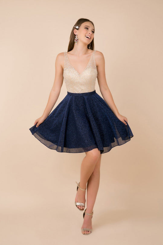 Nox Anabel - Y692 Embellished V-neck A-line Cocktail Dress In Neutral and Blue