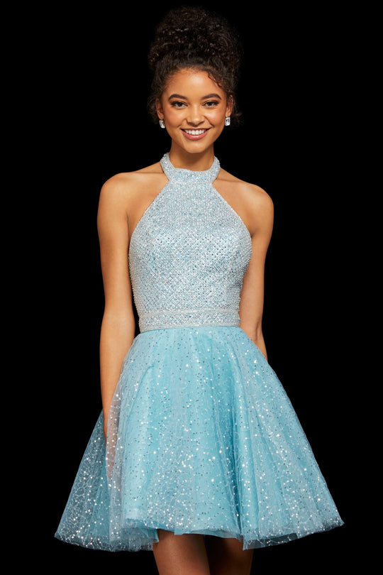 Sherri Hill - 53145 Lattice Textured Halter Short Dress In Blue
