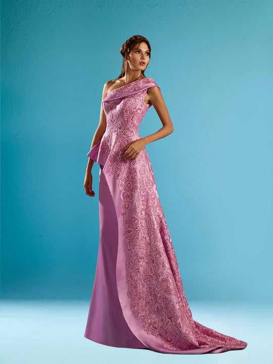Gatti Nolli Couture - ED-4547 Appliqued Asymmetrical Evening Dress In Pink