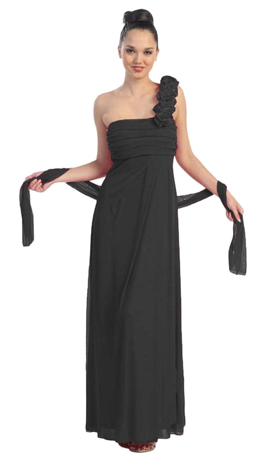 Eureka Fashion - 1701 One Shoulder Rosette Strap Empire Waist Gown in Black