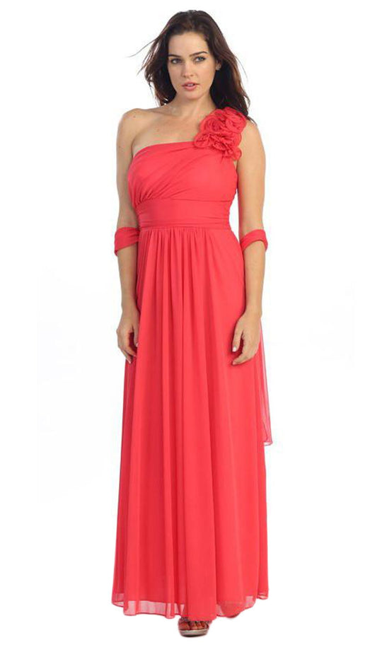 Eureka Fashion - 2005 Ruffled Shoulder Accent Asymmetrical A-Line Gown In Pink