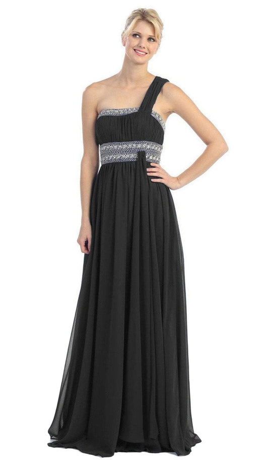 Eureka Fashion - 2426 Asymmetrical Bead-Banded Chiffon A-Line Gown In Black