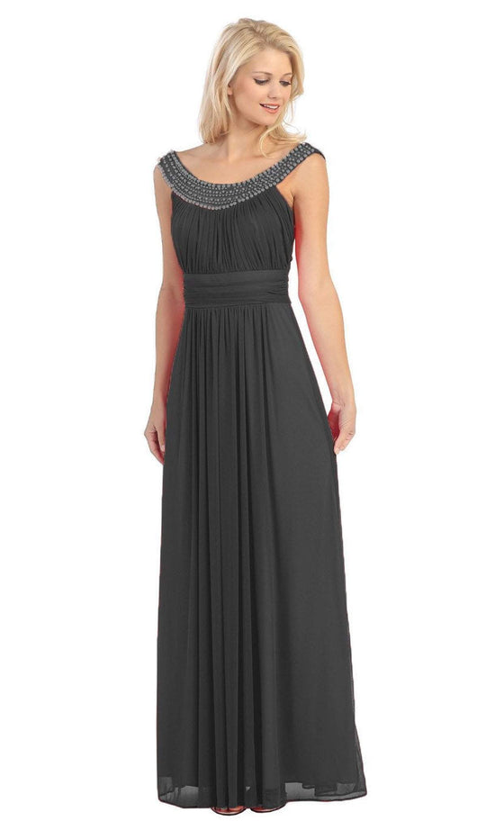 Eureka Fashion - 2027 Pearl Embroidered Neckline Chiffon A-Line Gown
