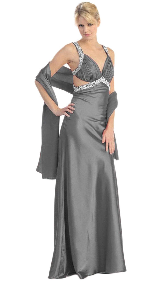 Eureka Fashion - 2120 Jeweled Ruche-Ornate Cutout Long Gown In Gray