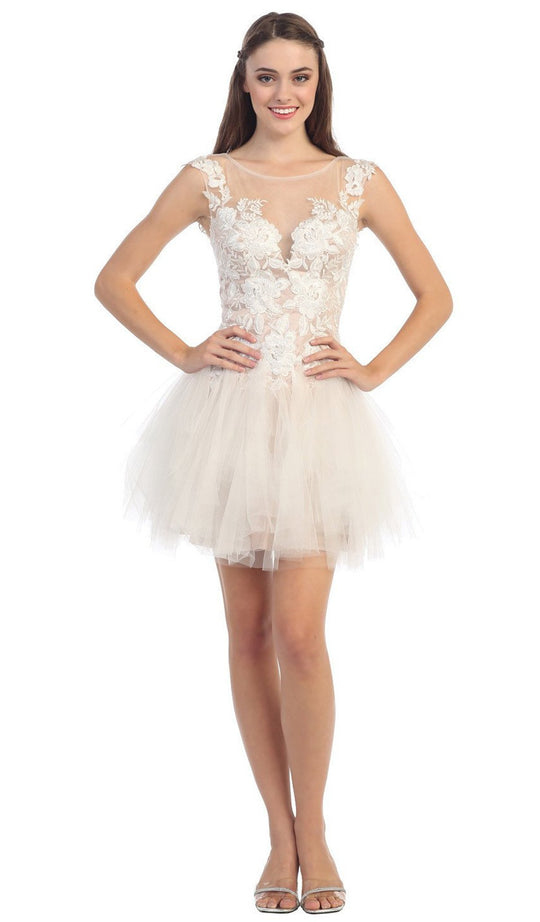 Eureka Fashion - 3911 Lace Embroidered Mesh A-line Dress In White