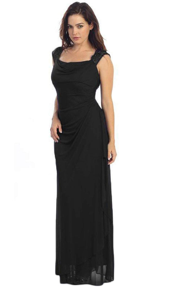 Eureka Fashion - 1927 Lace Cap Sleeve Draped Chiffon Gown In Black