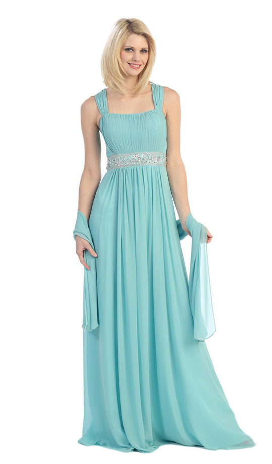 Eureka Fashion - 2440 Ruched Square-Neck Chiffon Long Gown In Blue and Green