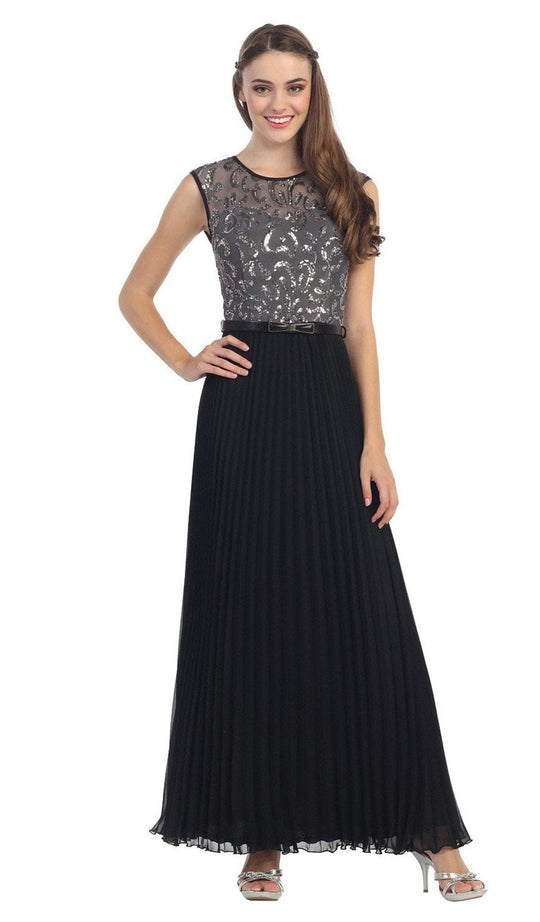 Eureka Fashion - 2066 Sequined Illusion Cap Sleeve Pleated Dress In Black and Gray