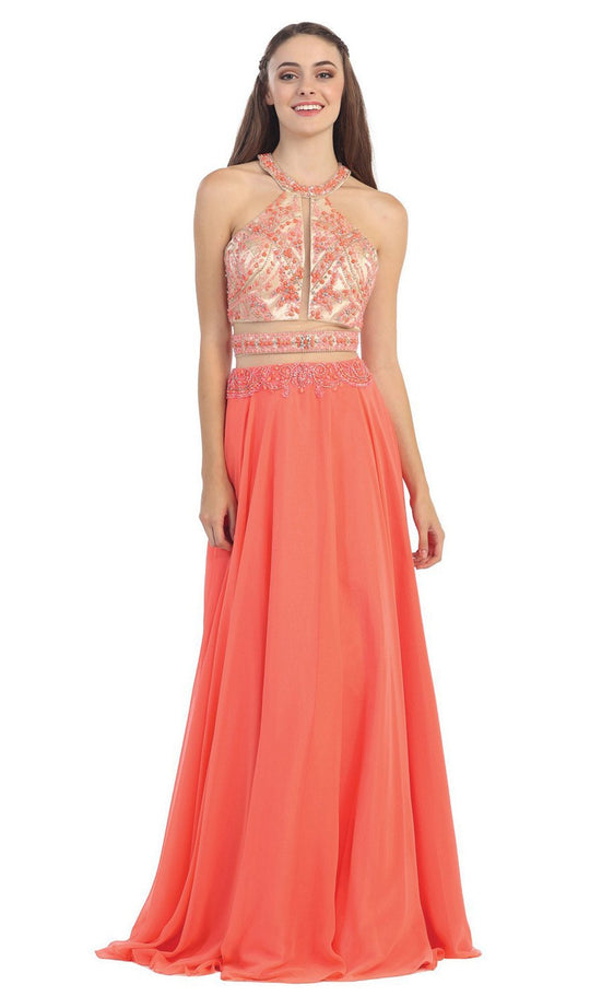 Eureka Fashion - 3888 Sleeveless Beaded Halter Chiffon A-line Dress in Pink