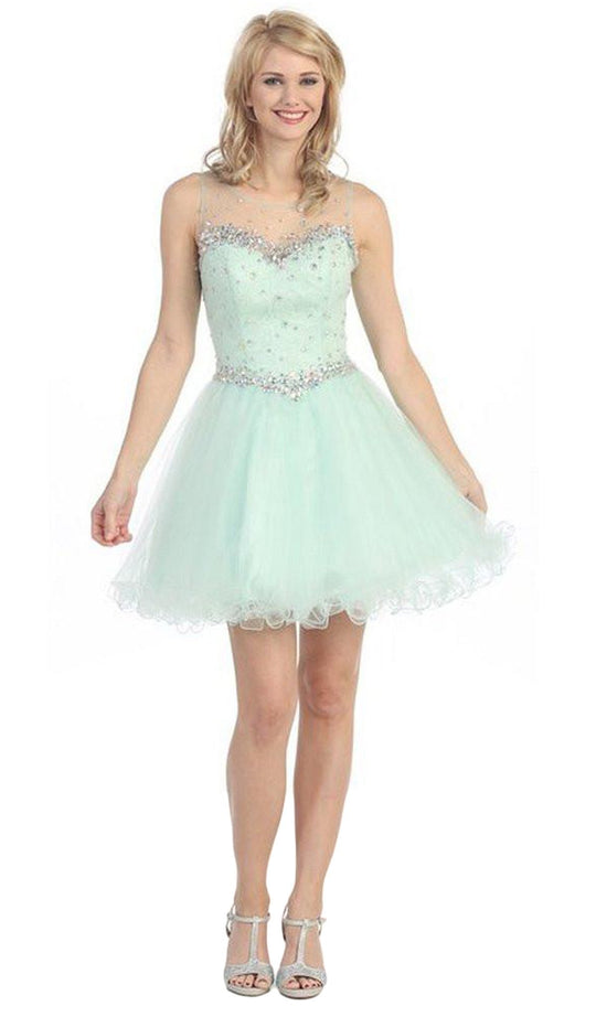 Eureka Fashion - 3722 Bejeweled Illusion Scoop A-line Dress In Green