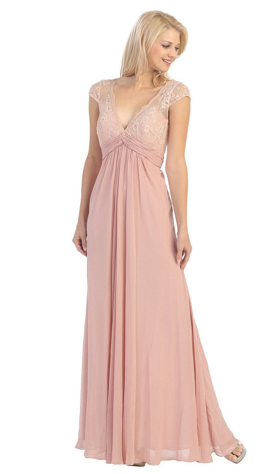 Eureka Fashion - 2383 Cap Sleeve Lace V-neck Chiffon A-line Dress in Pink