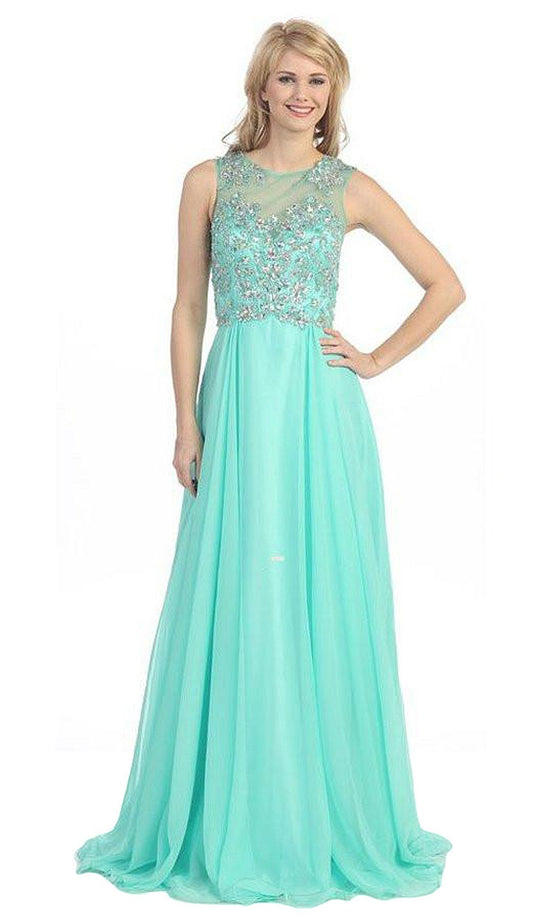 Eureka Fashion - 3042 Embroidered Illusion Bateau Chiffon A-line Dress in Green