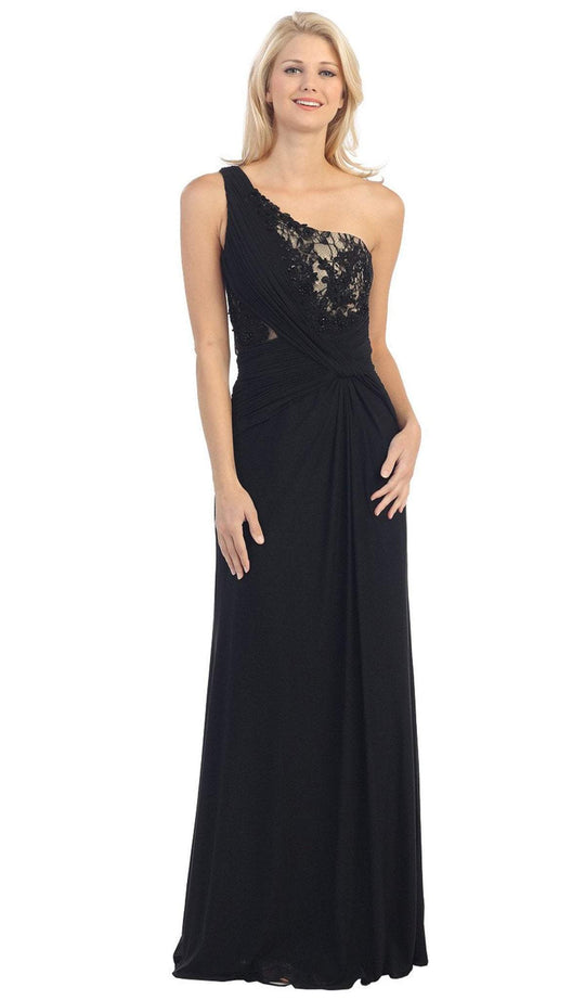 Eureka Fashion - 2370 Lace Asymmetric Long Sheath Dress in Black and Gold