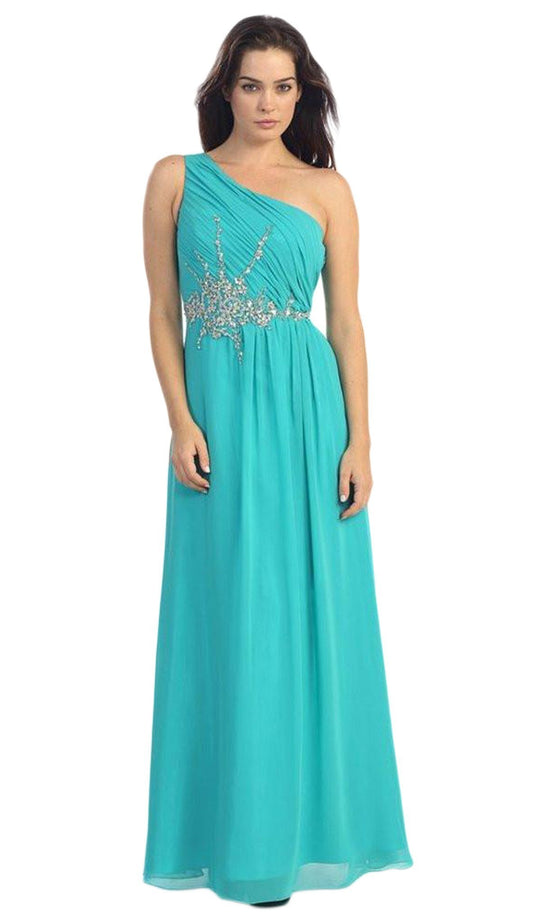 Eureka Fashion - 2525 Floral Jewel-Ornate Pleated Chiffon Gown in Green