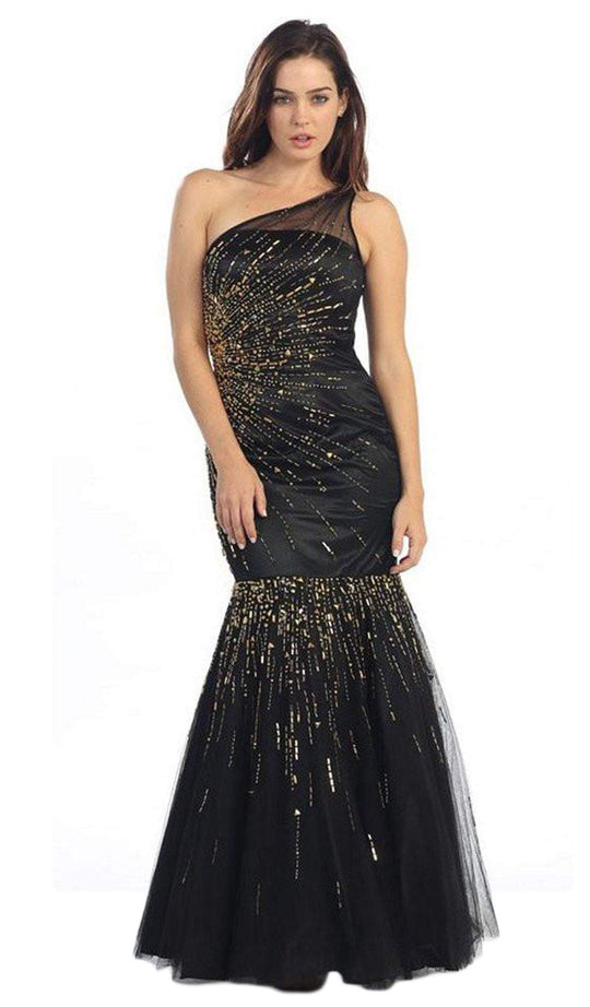 Eureka Fashion - 3701 Gold Beaded Asymmetric Mermaid Dress in Black and Gold