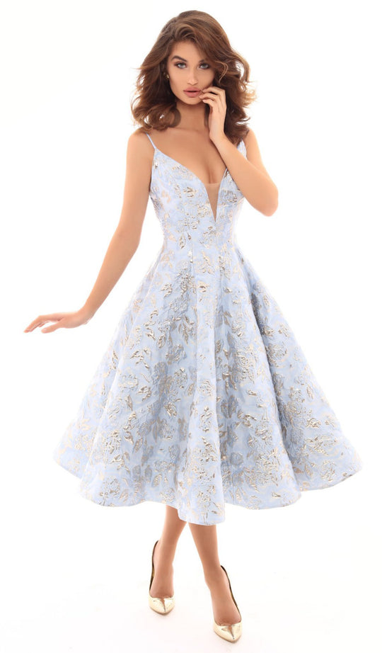 Tarik Ediz - 50400 Sleeveless V-neck Jacquard A-line Dress In Blue