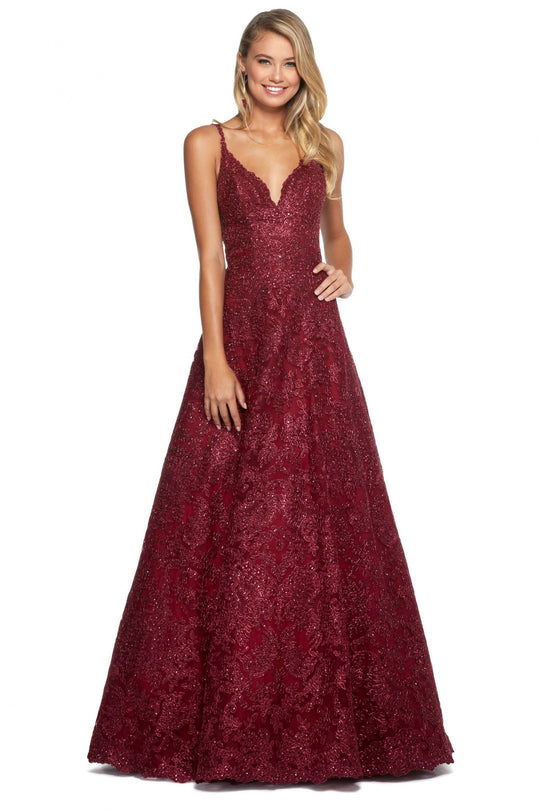 Sherri Hill - 53250 Beaded Lace Appliqued V-Neck Dress In Red