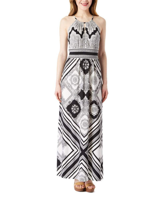 London Times - T0555M Halter String Keyhole Dress in White and Black